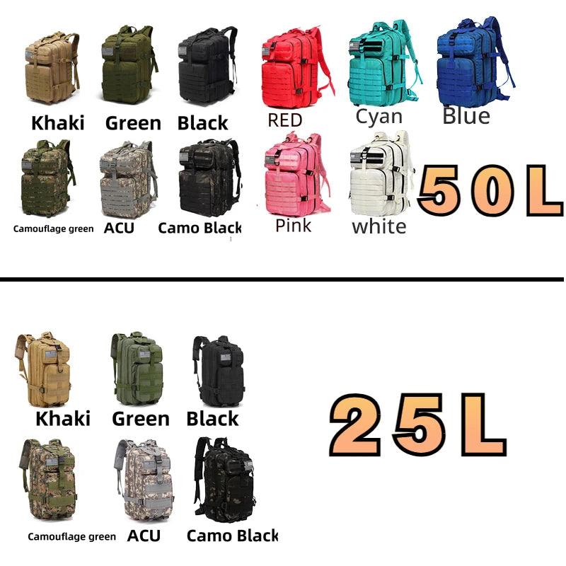 Tactical Hiking Backpack — Waterproof Nylon 25L/50L Outdoor Rucksack