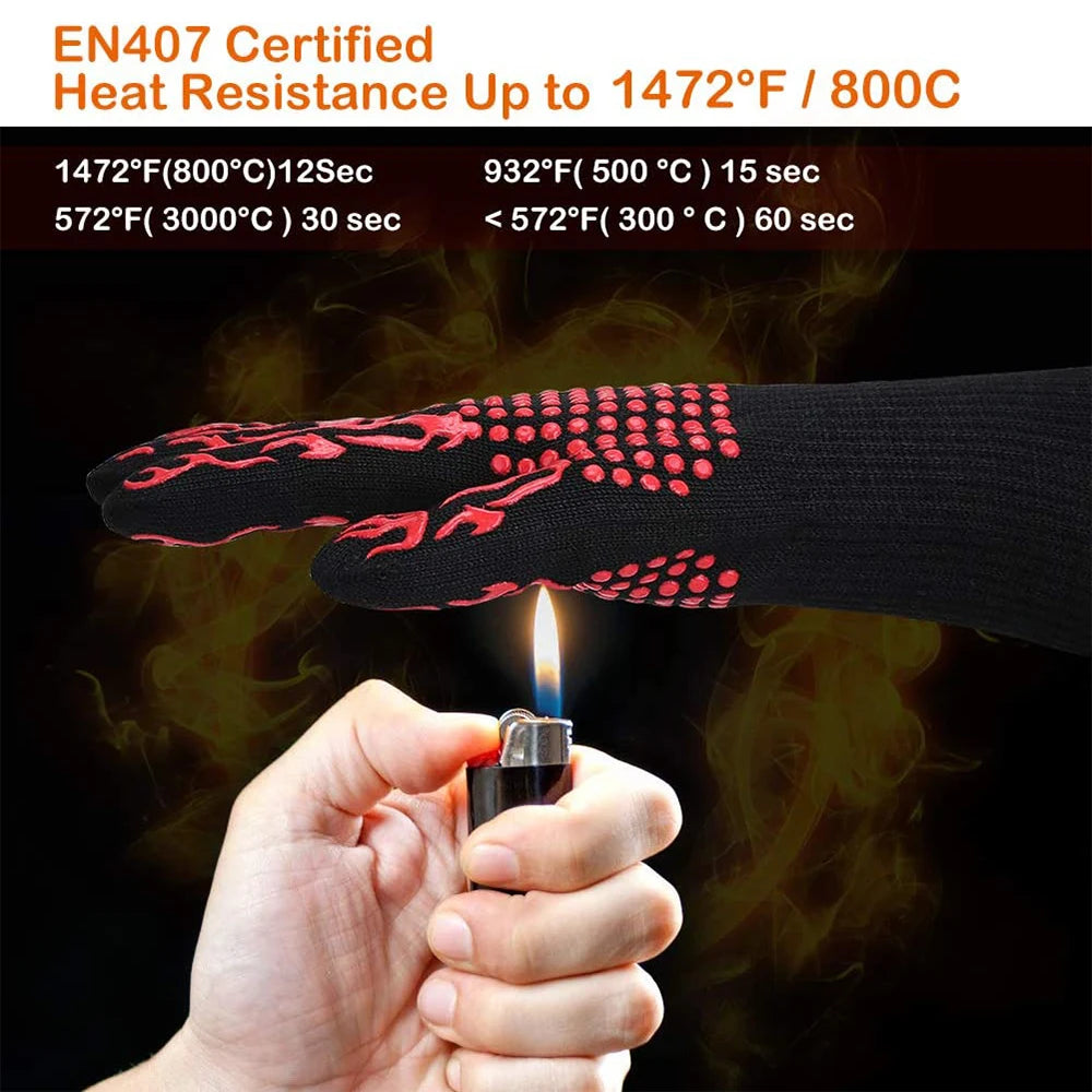 Heat-Resistant BBQ Grill Gloves — Fireproof Non-Slip 500–800°C