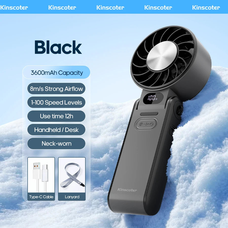 Turbo Handheld Fan — 3600mAh Rechargeable 100-Speed Foldable