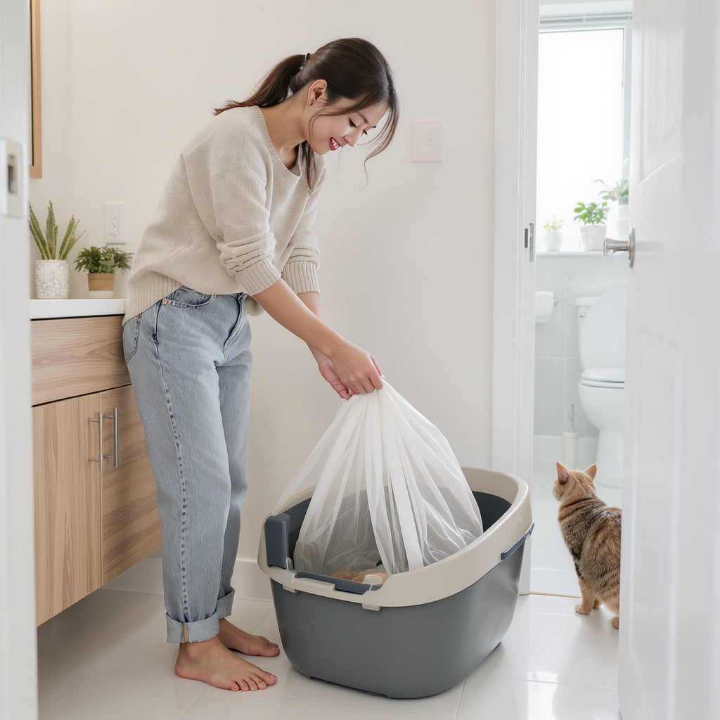 Woman pulling drawstring litter box liner from self-cleaning litter box