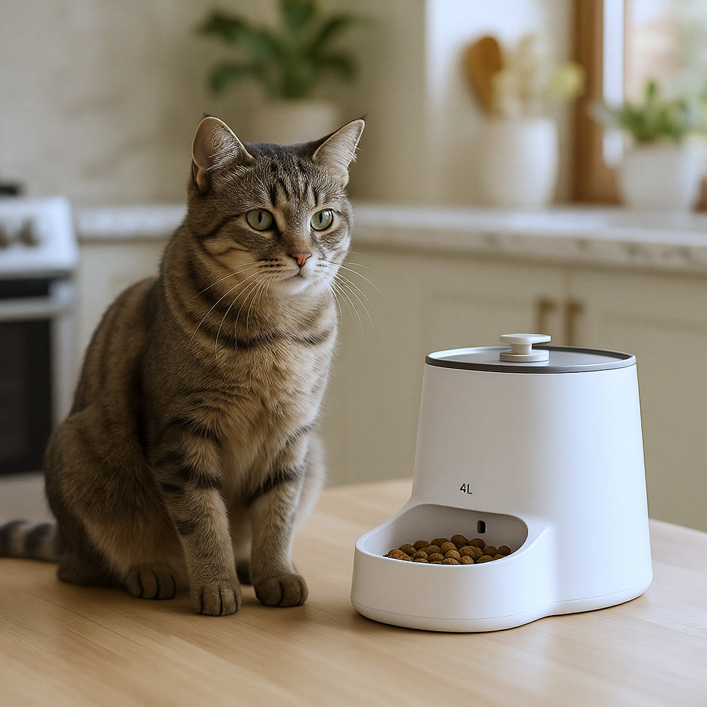 Tabby cat eating from white 4L automatic pet feeder in modern kitchen