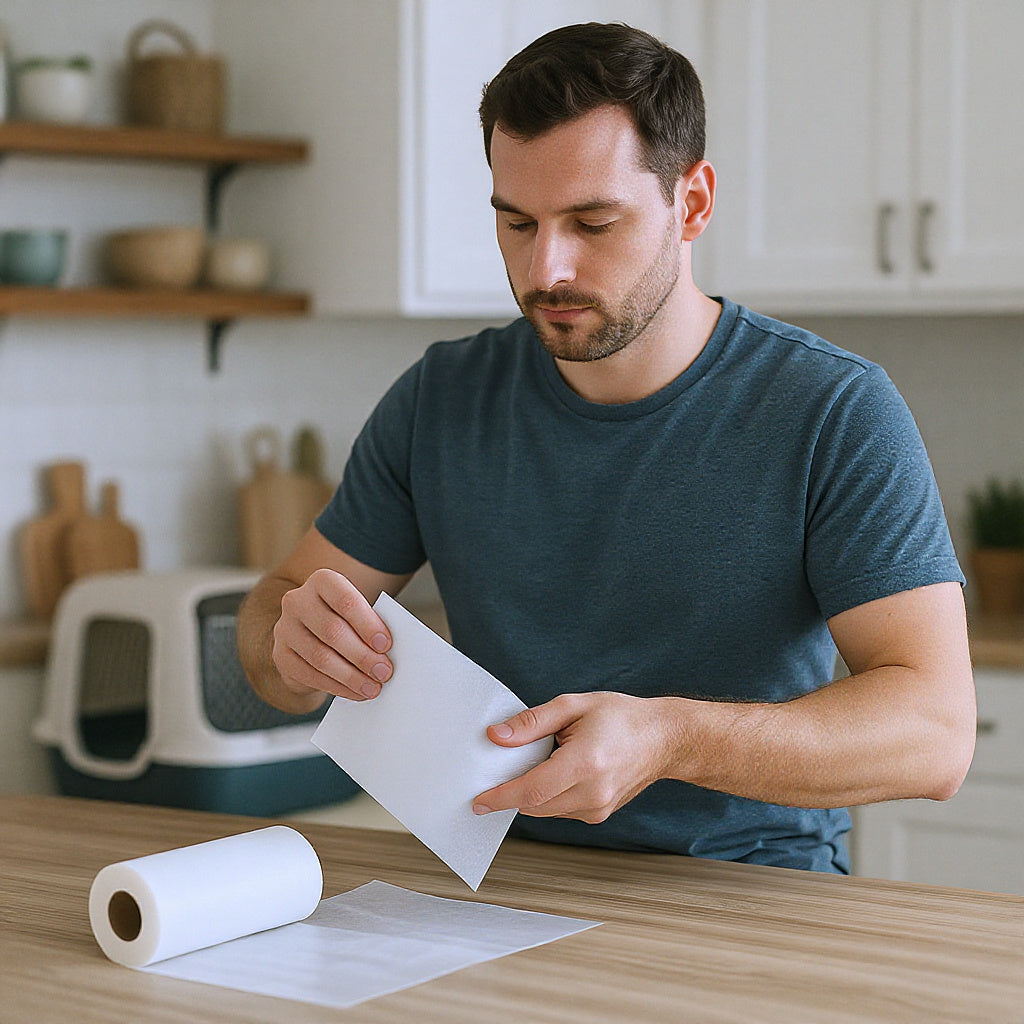 Man opening roll of litter box liner bags with feeder in background