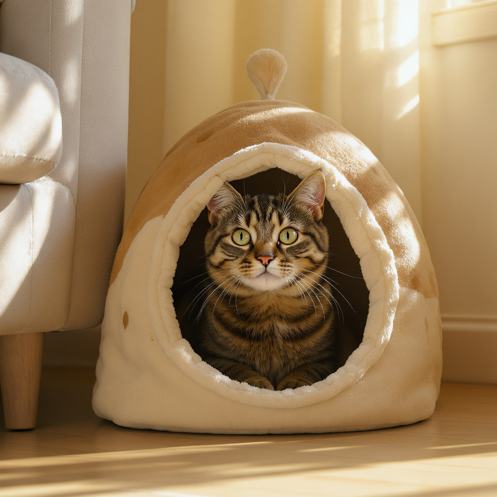Tabby cat peeking out of fabric cave pet house in living room