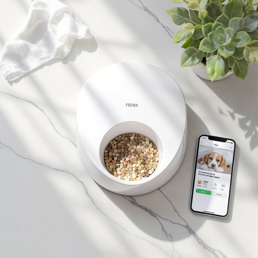 Flat lay of white automatic pet feeder on kitchen counter with phone app