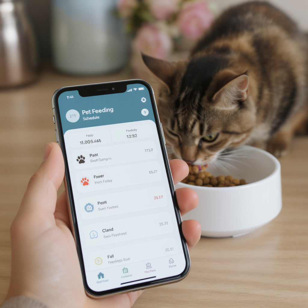 Smartphone showing pet feeding schedule app with feeder in background