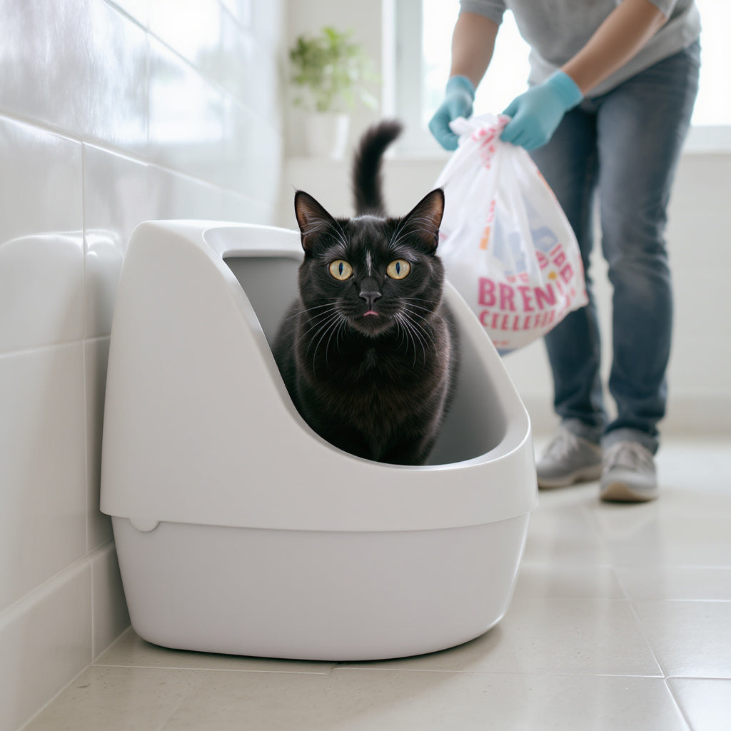 Black cat walking away from clean automatic litter box