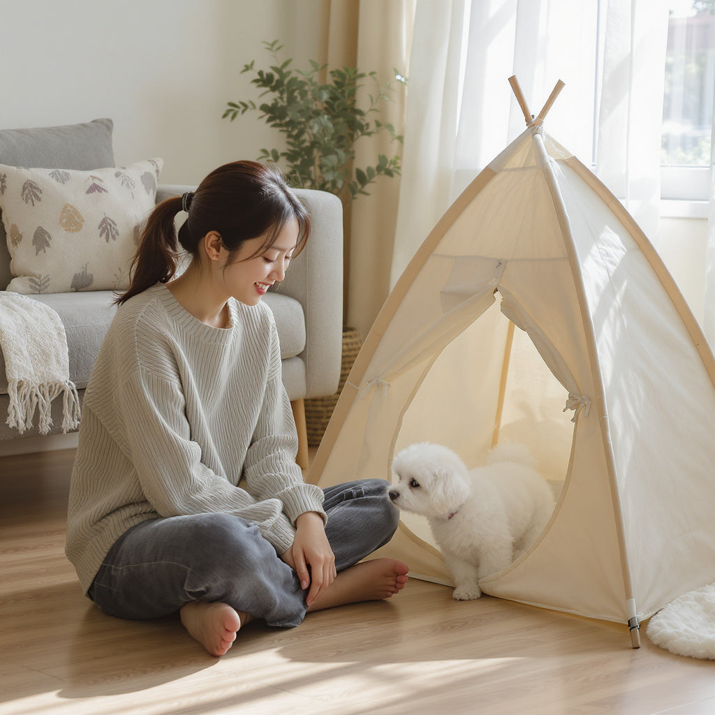 Asian woman encouraging small dog into cozy fabric pet tent
