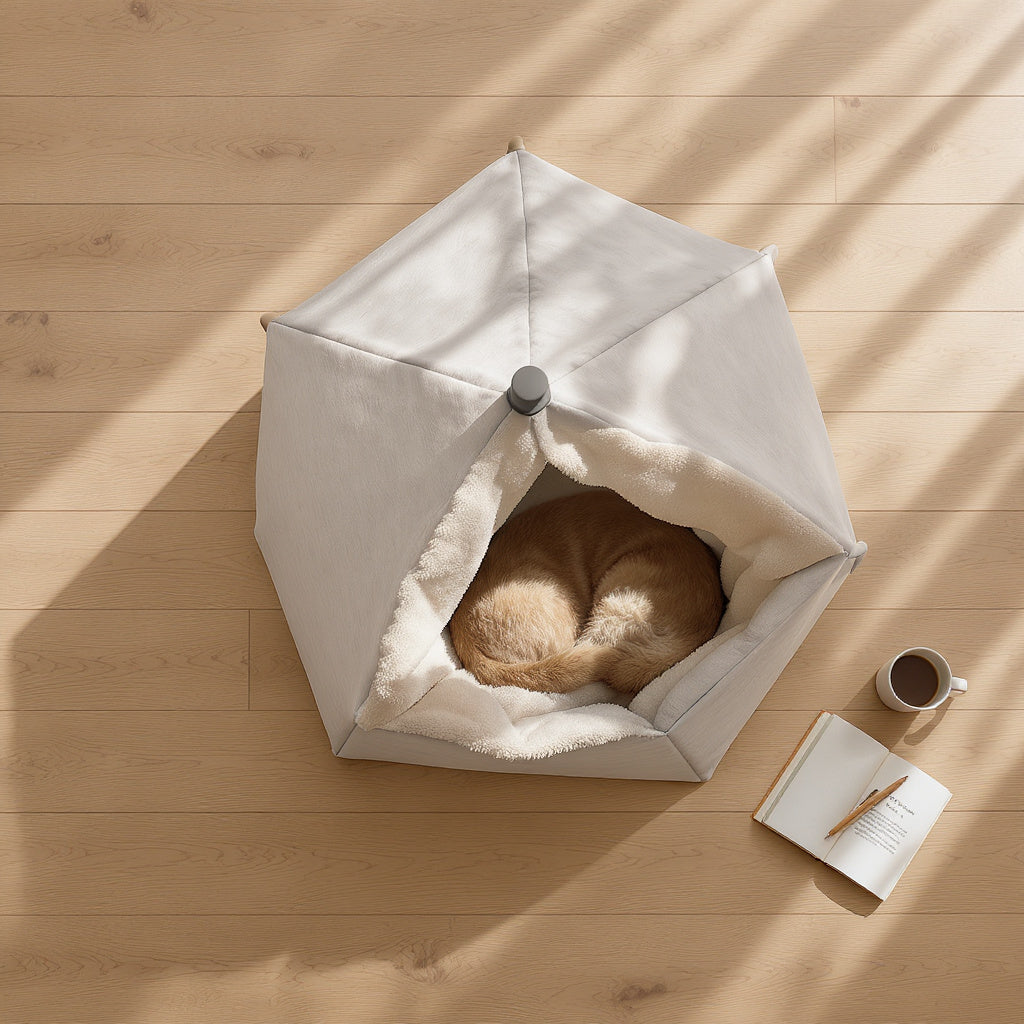 Overhead view of small dog sleeping in fabric pet tent house