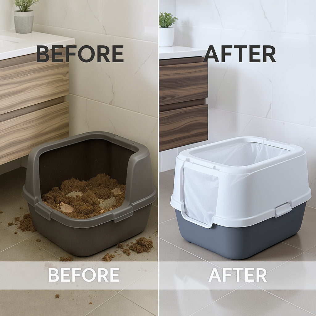 Clean fresh litter box lined with new liner bag in modern bathroom