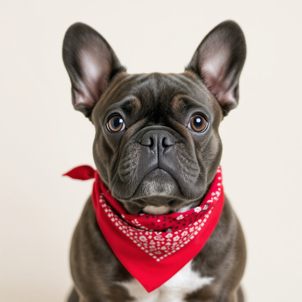 French bulldog portrait wearing vibrant red bandana collar