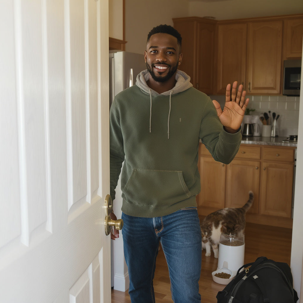 Man leaving home while cat eats from smart automatic feeder in background