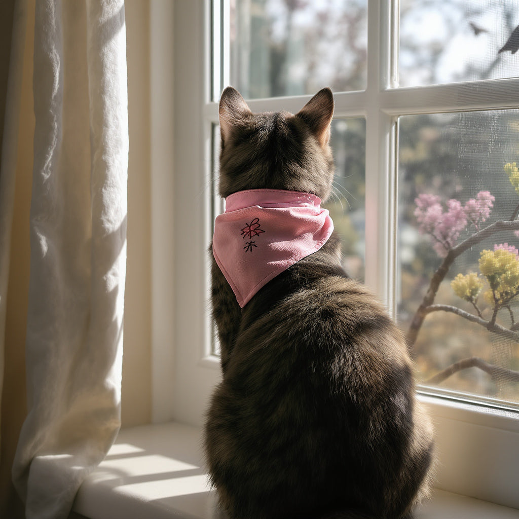 Cat wearing pink bandana collar sitting on window sill watching birds