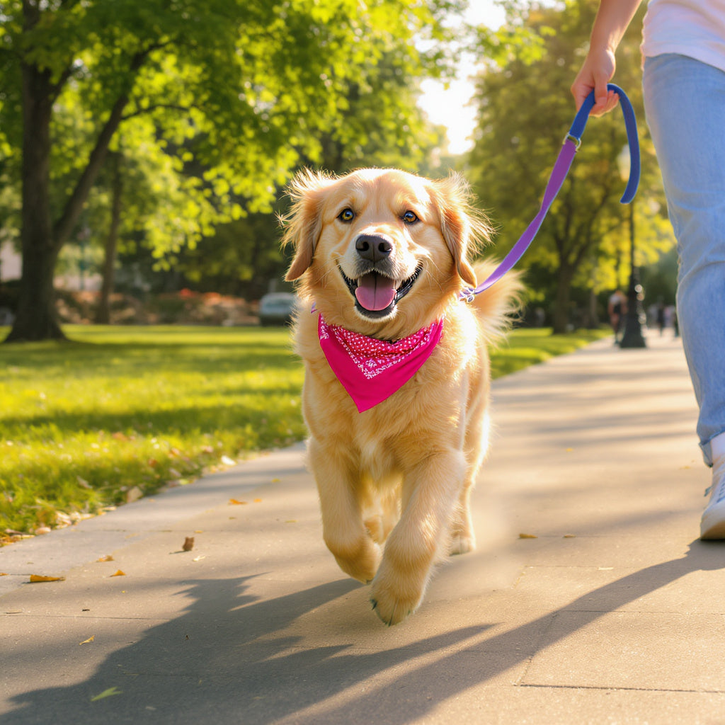 Golden retriever wearing pink bandana collar trotting through sunny park
