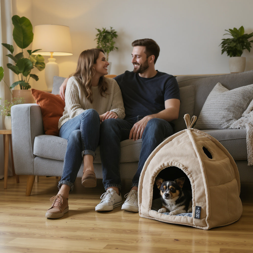 Couple on sofa while dog settles in pet cave house on floor