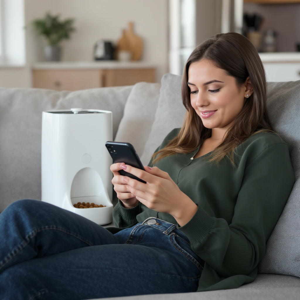 Woman on couch using app while cat eats from smart pet feeder in kitchen