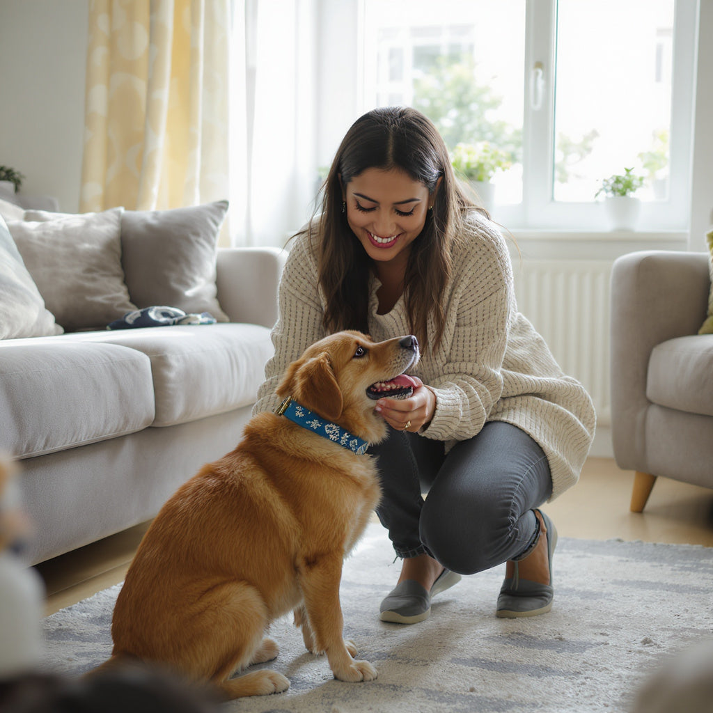 Hispanic woman fastening blue bandana collar on dog in apartment